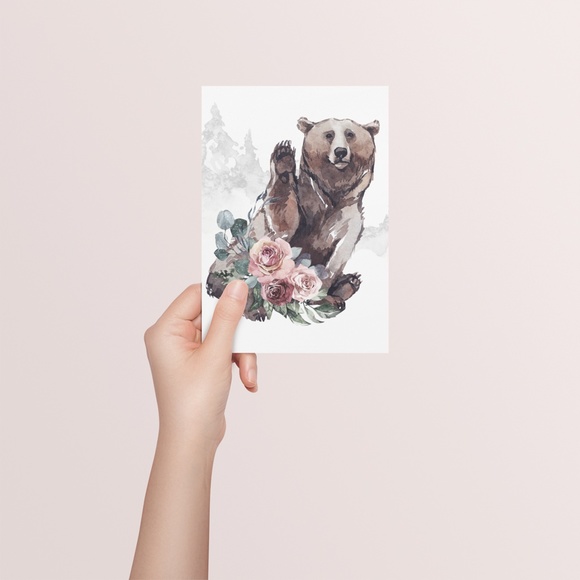 Watercolor Floral Bear Wall Art Print Poster Unframed - Picture 7 of 10